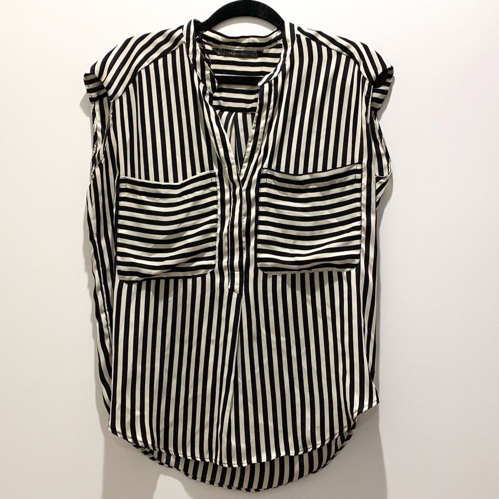 Zara Trafaluc Black+White Striped Silk Blouse S